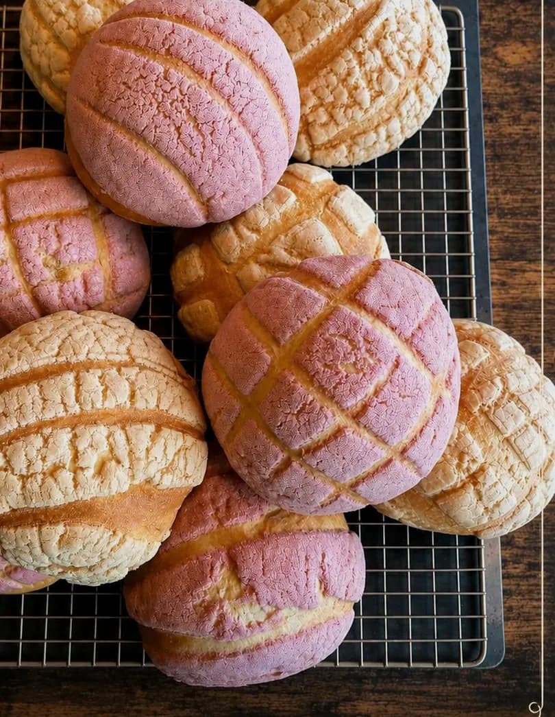 Pink and golden sugar-crusted brioche conchas on a cooling rack