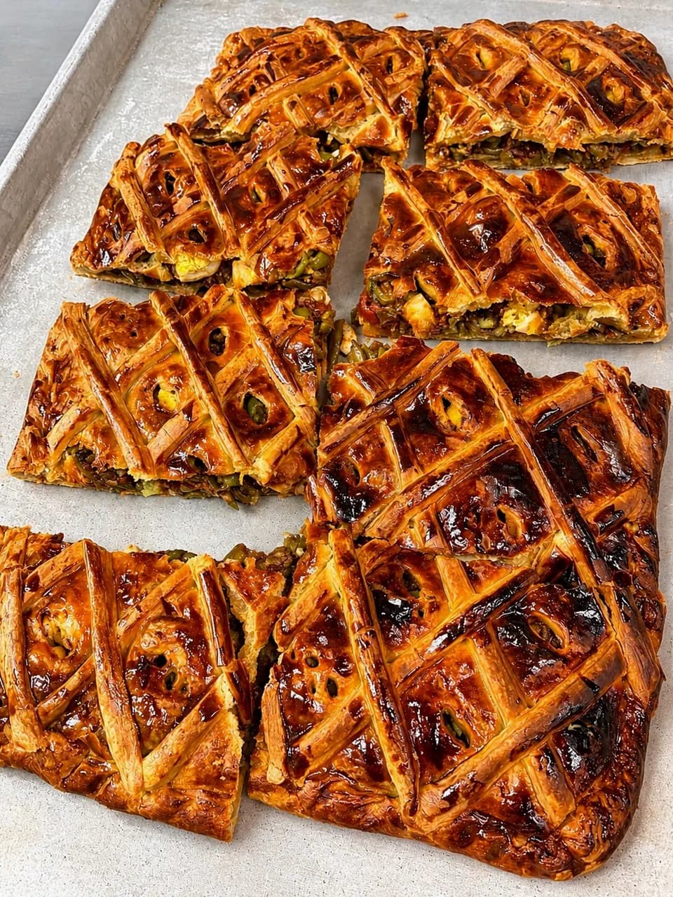Squares of golden, lattice-topped empanada