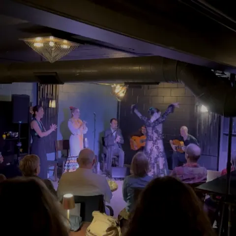 Flamenco performers on a small stage in front of a seated audience