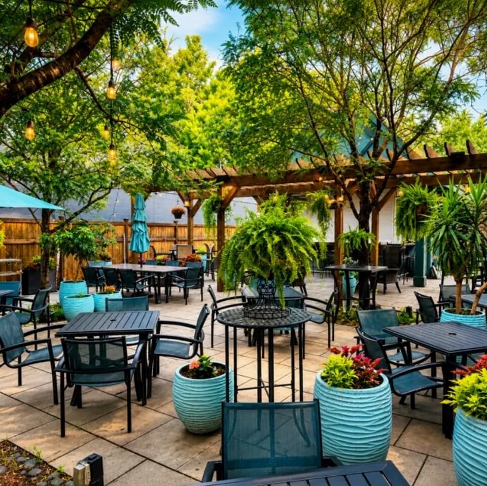 The patio under a wooden pergola, with teal umbrellas, hanging ferns and planters